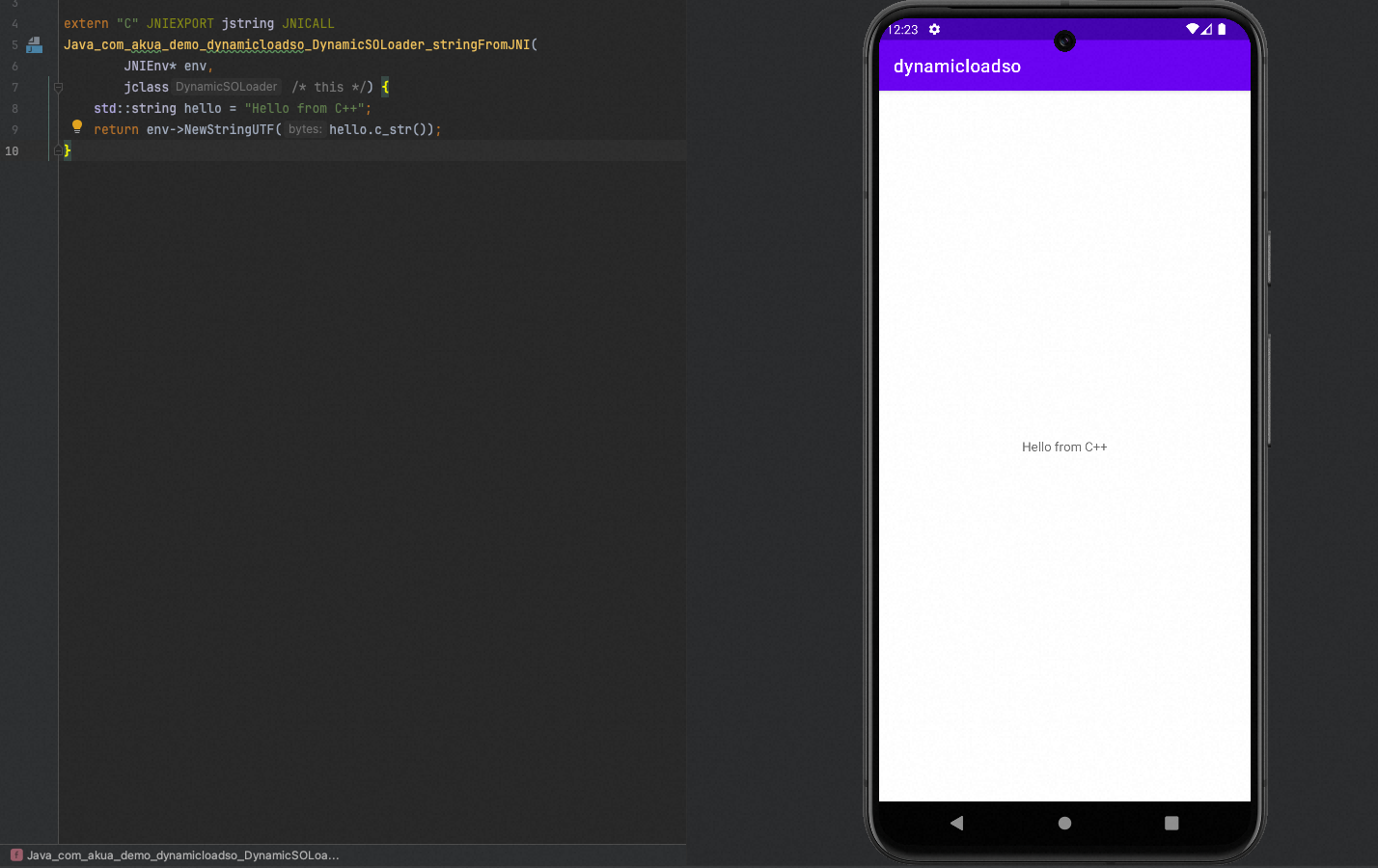 Built APK 之後，當我們呼叫native function時，會得到"Hello from C++"